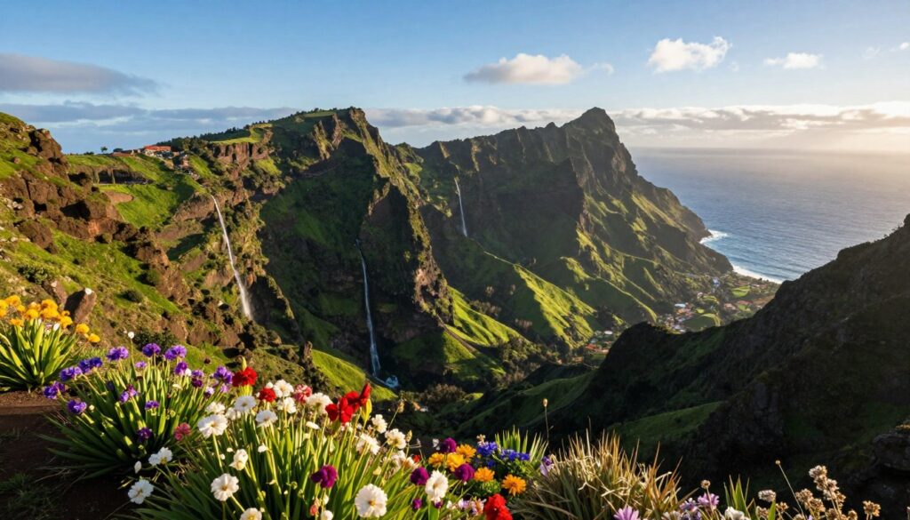 A breathtaking aerial view of Madeira, showcasing its enchanting landscapes during the optimal time for travel, which is late spring. In the foreground, vibrant flowers bloom in various colors, hinting at the beauty of the season. The middle ground features the iconic mountainous terrain of Madeira, with lush green hills and cascading waterfalls, bathed in warm sunlight. In the background, the azure Atlantic Ocean sparkles under a clear blue sky, dotted with wispy clouds. The scene captures a sense of tranquility and adventure, inviting viewers to explore the island. The lighting is soft and inviting, creating a serene atmosphere. The angle is slightly tilted to highlight the dramatic scenery, providing a sense of depth and wonder. A breathtaking aerial view of Madeira, showcasing its enchanting landscapes during the optimal time for travel, which is late spring. In the foreground, vibrant flowers bloom in various colors, hinting at the beauty of the season. The middle ground features the iconic mountainous terrain of Madeira, with lush green hills and cascading waterfalls, bathed in warm sunlight. In the background, the azure Atlantic Ocean sparkles under a clear blue sky, dotted with wispy clouds. The scene captures a sense of tranquility and adventure, inviting viewers to explore the island. The lighting is soft and inviting, creating a serene atmosphere. The angle is slightly tilted to highlight the dramatic scenery, providing a sense of depth and wonder.