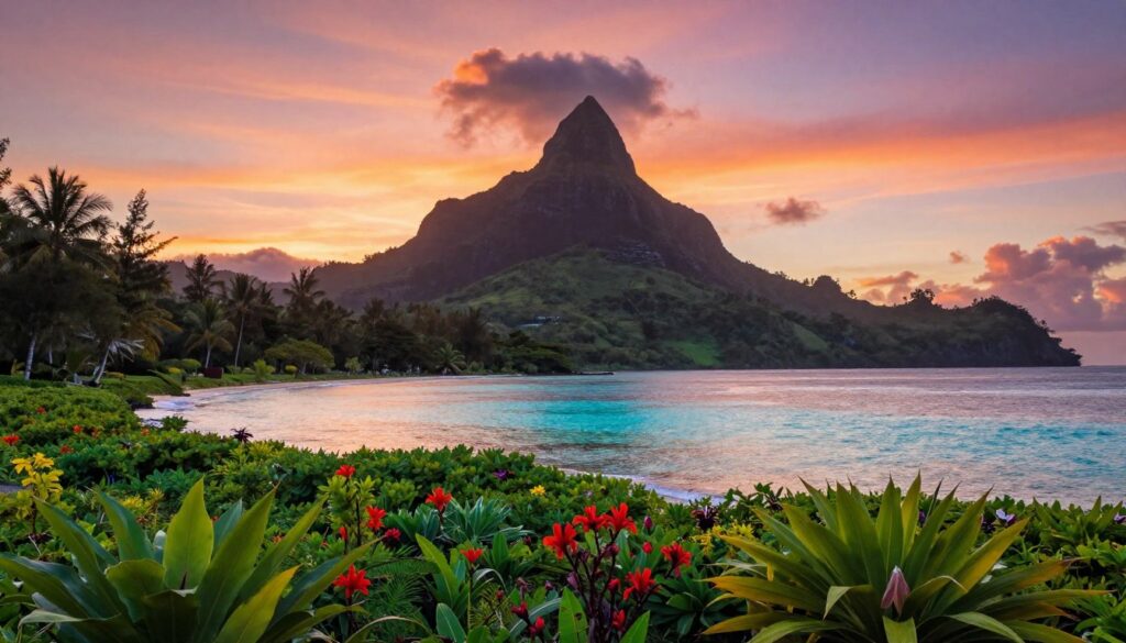 A breathtaking landscape of French Polynesia featuring Mount Orohena, the highest peak in Tahiti. In the foreground, lush green vegetation with vibrant tropical flowers, dotted with local flora. The middle ground reveals a picturesque lagoon with crystal-clear turquoise waters and gentle waves lapping at the shore. The background showcases the towering silhouette of Mount Orohena, majestically rising against a vibrant sunset sky painted in hues of orange, pink, and purple, casting a soft glow across the scene. The overall mood is serene and idyllic, inviting viewers to experience the tranquility of this Pacific paradise. Capture the image with a wide-angle lens to convey the expansive beauty of the landscape, ensuring a soft focus on the background for depth. No text or signatures should appear. A breathtaking landscape of French Polynesia featuring Mount Orohena, the highest peak in Tahiti. In the foreground, lush green vegetation with vibrant tropical flowers, dotted with local flora. The middle ground reveals a picturesque lagoon with crystal-clear turquoise waters and gentle waves lapping at the shore. The background showcases the towering silhouette of Mount Orohena, majestically rising against a vibrant sunset sky painted in hues of orange, pink, and purple, casting a soft glow across the scene. The overall mood is serene and idyllic, inviting viewers to experience the tranquility of this Pacific paradise. Capture the image with a wide-angle lens to convey the expansive beauty of the landscape, ensuring a soft focus on the background for depth. No text or signatures should appear.