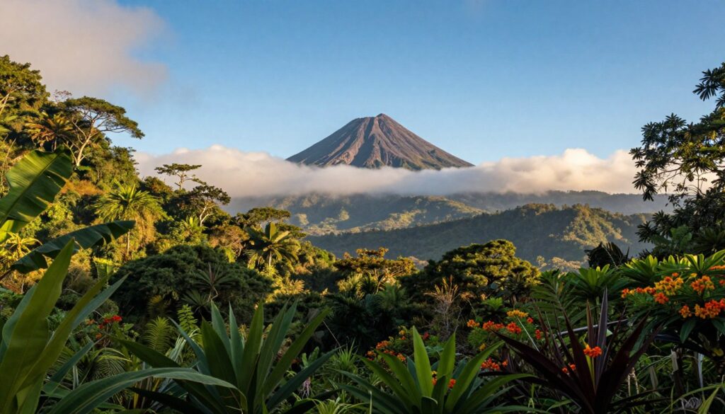 A breathtaking landscape of Panama showcasing lush tropical nature and towering mountains in the foreground, with dense green foliage and colorful flowering plants. In the middle ground, a majestic volcano rises against a clear blue sky, surrounded by mist and clouds. The background features a panoramic view of the mountainous terrain, creating depth and a sense of vastness. The scene is illuminated by golden sunlight filtering through the clouds, casting soft shadows and enhancing the vibrant colors of the greenery and volcanic rock. The overall mood is serene and natural, evoking a sense of adventure and the untamed beauty of Panama's geography. A breathtaking landscape of Panama showcasing lush tropical nature and towering mountains in the foreground, with dense green foliage and colorful flowering plants. In the middle ground, a majestic volcano rises against a clear blue sky, surrounded by mist and clouds. The background features a panoramic view of the mountainous terrain, creating depth and a sense of vastness. The scene is illuminated by golden sunlight filtering through the clouds, casting soft shadows and enhancing the vibrant colors of the greenery and volcanic rock. The overall mood is serene and natural, evoking a sense of adventure and the untamed beauty of Panama's geography.