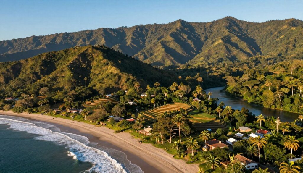 A breathtaking landscape showcasing the diverse geographical regions of Ecuador, featuring a vibrant coastal scene at the forefront with sandy beaches and crashing waves. Transitioning into lush green Andean mountains in the middle ground, dotted with terraced farms and traditional homes. In the background, a sprawling Amazon rainforest with dense foliage and a winding river, capturing the rich biodiversity. The image should be illuminated by soft, golden sunlight during the late afternoon, creating warm highlights and long shadows. The scene evokes a sense of harmony between the regions, with a clear blue sky overhead, enhancing the overall tranquil atmosphere and natural beauty. No human subjects or text present. A breathtaking landscape showcasing the diverse geographical regions of Ecuador, featuring a vibrant coastal scene at the forefront with sandy beaches and crashing waves. Transitioning into lush green Andean mountains in the middle ground, dotted with terraced farms and traditional homes. In the background, a sprawling Amazon rainforest with dense foliage and a winding river, capturing the rich biodiversity. The image should be illuminated by soft, golden sunlight during the late afternoon, creating warm highlights and long shadows. The scene evokes a sense of harmony between the regions, with a clear blue sky overhead, enhancing the overall tranquil atmosphere and natural beauty. No human subjects or text present.