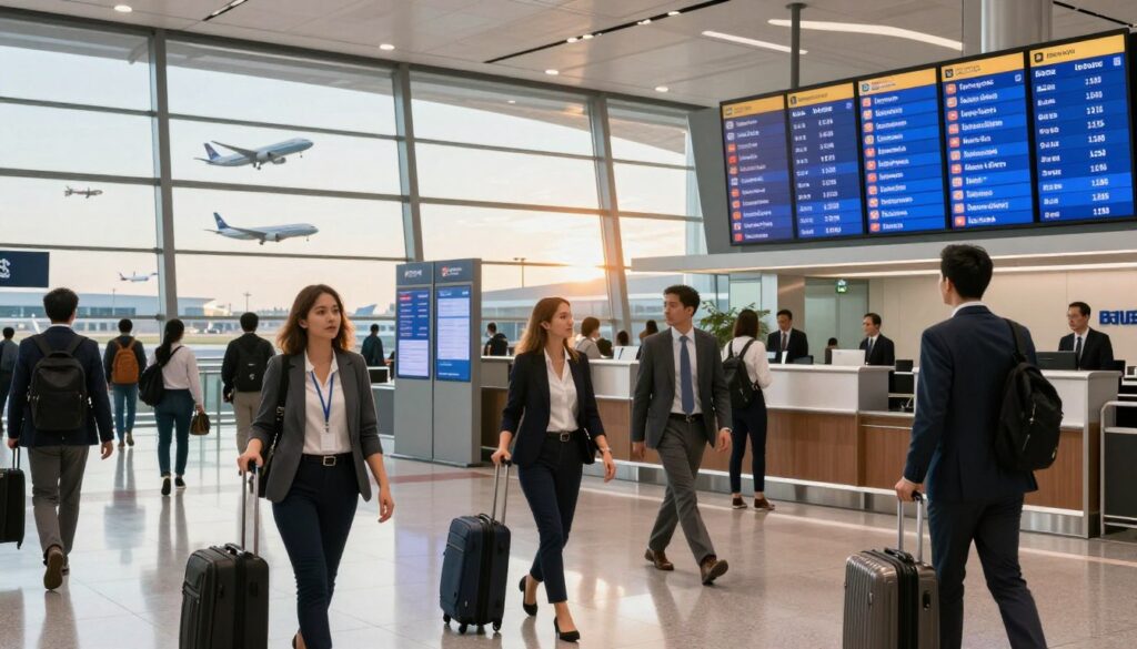 A bustling airport terminal illustrating a vibrant air travel hub, with travelers in professional business attire moving through the scene. In the foreground, a diverse group of passengers, including a woman with a suitcase checking her flight itinerary and a man looking at a departure screen. The middle ground features airline counters, informational kiosks, and large windows displaying planes taking off and landing on a clear day, with the sun casting warm light through the glass. In the background, a large digital display shows flight connections, highlighting various global destinations. The atmosphere is filled with a sense of anticipation and energy, capturing the essence of international travel, with a focus on transition and the experience of layovers. A bustling airport terminal illustrating a vibrant air travel hub, with travelers in professional business attire moving through the scene. In the foreground, a diverse group of passengers, including a woman with a suitcase checking her flight itinerary and a man looking at a departure screen. The middle ground features airline counters, informational kiosks, and large windows displaying planes taking off and landing on a clear day, with the sun casting warm light through the glass. In the background, a large digital display shows flight connections, highlighting various global destinations. The atmosphere is filled with a sense of anticipation and energy, capturing the essence of international travel, with a focus on transition and the experience of layovers.