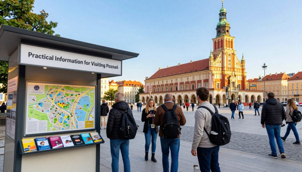A captivating and informative scene illustrating "Practical Information for Visiting Poznań". In the foreground, a well-organized tourist information booth, featuring brochures and maps of Poznań, surrounded by engaged tourists. The middle ground showcases a vibrant street view with recognizable landmarks like the Old Market Square, colorful Gothic architecture, and the iconic Town Hall. In the background, a clear blue sky with soft, warm sunlight creating a welcoming atmosphere. Use a wide-angle lens to capture the bustling energy of the city, with people of diverse backgrounds in smart-casual attire exploring the surroundings. The image should evoke a sense of excitement and curiosity about visiting this historical city. Focus on vibrant colors and the dynamic interplay of light and shadow to enhance the lively mood.