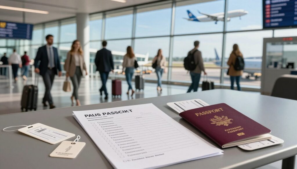 A checklist for departure from a Polish airport displayed prominently in the foreground, featuring items like passport, boarding pass, luggage tags, and travel essentials, all artistically arranged on a sleek traveler's table. In the middle ground, depict an airport scene with travelers in professional business attire and modest casual clothing, eagerly scanning the departure boards and moving towards their gates. In the background, large windows reveal a clear blue sky with planes taking off and landing, enhancing the sense of excitement. Soft, natural light filters through the terminal, creating a warm and inviting atmosphere, captured from a slightly elevated angle to provide a comprehensive view of the bustling airport environment. The overall mood conveys anticipation and preparation for a journey.