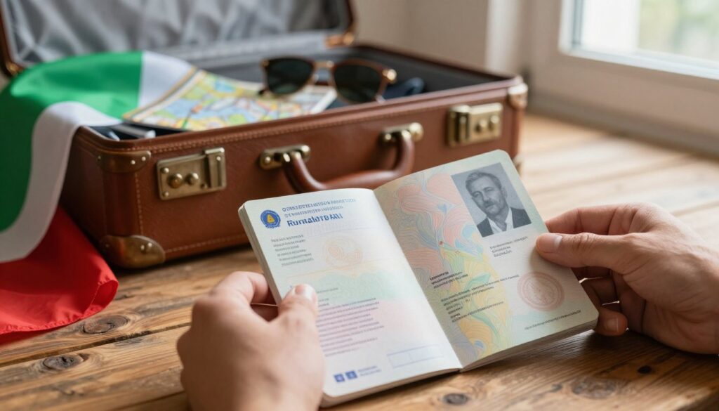 A close-up of a valid travel document, such as a passport, resting on a rustic wooden table, with an Italian flag subtly draped in the background. The foreground features a hand gently inspecting the document, emphasizing the importance of its validity. Soft natural lighting filters through a nearby window, casting gentle shadows and creating a warm, inviting atmosphere. In the middle ground, a classic leather suitcase, slightly open, reveals a glimpse of travel essentials like a map and sunglasses, suggesting preparation for a trip to Italy. The angle is slightly elevated, focusing on the travel document, highlighting its significance and the anxiety faced by travelers regarding document validity before a trip. The overall mood is one of anticipation and careful planning. A close-up of a valid travel document, such as a passport, resting on a rustic wooden table, with an Italian flag subtly draped in the background. The foreground features a hand gently inspecting the document, emphasizing the importance of its validity. Soft natural lighting filters through a nearby window, casting gentle shadows and creating a warm, inviting atmosphere. In the middle ground, a classic leather suitcase, slightly open, reveals a glimpse of travel essentials like a map and sunglasses, suggesting preparation for a trip to Italy. The angle is slightly elevated, focusing on the travel document, highlighting its significance and the anxiety faced by travelers regarding document validity before a trip. The overall mood is one of anticipation and careful planning.
