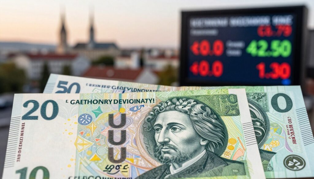 A close-up view of a Romanian leu banknote prominently displayed in the foreground, showcasing its intricate designs and colors. Next to the banknote, a Polish złoty banknote sits, illustrating the currency conversion aspect. In the middle ground, a digital currency exchange display can be seen with fluctuating rates between the leu and złoty, providing context for the viewer. The background features a softly blurred urban landscape of Bucharest with notable landmarks, depicting the ambiance of the city. The lighting is warm, suggesting a late afternoon setting, creating a professional yet approachable atmosphere. The overall mood is informative and financial, ideal for an article discussing currency exchange.