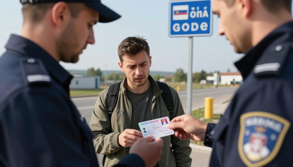 A close-up view of a Serbian border checkpoint, featuring a border officer inspecting a person's identity document. The foreground includes the officer in a professional uniform, looking closely at a Serbian identity card. In the middle, there is the traveler, dressed in casual but neat clothing, appearing slightly anxious as they present their document. The background showcases a clear sky with border signage in Serbian, indicating the entry into Serbia. The scene is well-lit with natural sunlight casting soft shadows, creating a welcoming atmosphere despite the border setting. The image captures the tension and importance of presenting proper identification at an international border. A close-up view of a Serbian border checkpoint, featuring a border officer inspecting a person's identity document. The foreground includes the officer in a professional uniform, looking closely at a Serbian identity card. In the middle, there is the traveler, dressed in casual but neat clothing, appearing slightly anxious as they present their document. The background showcases a clear sky with border signage in Serbian, indicating the entry into Serbia. The scene is well-lit with natural sunlight casting soft shadows, creating a welcoming atmosphere despite the border setting. The image captures the tension and importance of presenting proper identification at an international border.