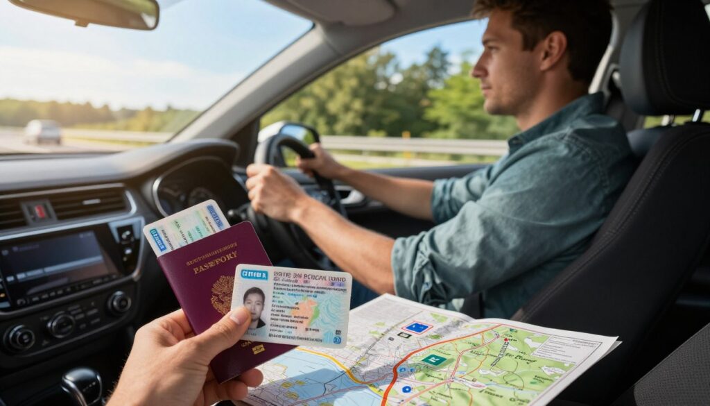 A close-up view of a driver's seat inside a car during a journey, featuring a carefully organized dashboard. In the foreground, a hand is holding a set of important travel documents, including a passport and driver's license, laid on the passenger seat. A detailed map and European road signs are visible. The middle ground captures the driver's focused expression while navigating, wearing casual but professional clothing. In the background, a scenic highway stretches out, bordered by lush trees under a bright blue sky. Soft sunlight filters through the car windows, creating a warm, inviting atmosphere. The lens should convey a sense of movement and adventure, enhancing the travel vibe. A close-up view of a driver's seat inside a car during a journey, featuring a carefully organized dashboard. In the foreground, a hand is holding a set of important travel documents, including a passport and driver's license, laid on the passenger seat. A detailed map and European road signs are visible. The middle ground captures the driver's focused expression while navigating, wearing casual but professional clothing. In the background, a scenic highway stretches out, bordered by lush trees under a bright blue sky. Soft sunlight filters through the car windows, creating a warm, inviting atmosphere. The lens should convey a sense of movement and adventure, enhancing the travel vibe.