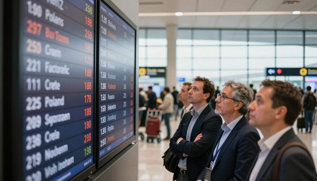A close-up view of a flight schedule display board at an airport, showcasing various flight times, destinations, and statuses. The foreground features a clear digital screen with bright, easy-to-read text detailing flight times to Crete from Poland. In the middle ground, travelers are intently observing the display, dressed in professional business attire, showcasing a mix of anticipation and curiosity. The background captures a bustling airport scene with blurred figures, luggage carts, and large windows letting in soft, natural light, creating a lively yet focused atmosphere. The image should embody a sense of clarity and organization, reflecting the importance of understanding flight information.