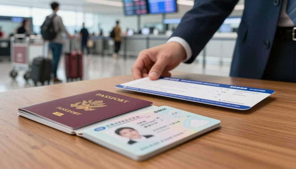 A close-up view of an array of travel identity documents displayed on a wooden table. Foreground: a neatly organized passport and national ID card, partially opened with a visible photo and personal details, alongside a boarding pass and suitcase. Middle: a hand reaching for the documents, dressed in professional business attire. Background: an airport check-in area subtly out of focus, with travelers in casual clothing, luggage carts, and digital screens displaying flight information. Soft, natural lighting illuminating the scene, creating a calm and organized atmosphere. Focused angle on the documents to emphasize their importance for border crossing, evoking a sense of preparation and travel readiness. A close-up view of an array of travel identity documents displayed on a wooden table. Foreground: a neatly organized passport and national ID card, partially opened with a visible photo and personal details, alongside a boarding pass and suitcase. Middle: a hand reaching for the documents, dressed in professional business attire. Background: an airport check-in area subtly out of focus, with travelers in casual clothing, luggage carts, and digital screens displaying flight information. Soft, natural lighting illuminating the scene, creating a calm and organized atmosphere. Focused angle on the documents to emphasize their importance for border crossing, evoking a sense of preparation and travel readiness.