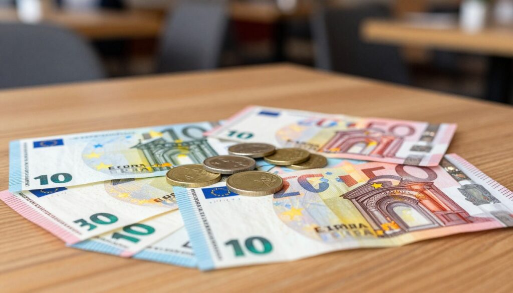 A close-up view of euro and Albanian lek banknotes creatively arranged on a wooden table, showcasing their vibrant colors and unique features. In the foreground, the euro notes should display their characteristic designs, while the lek notes have distinct patterns and hues. In the middle ground, a few coins from both currencies are scattered to enhance the context of currency exchange. The background is softly blurred, featuring elements of a cozy café setting with warm lighting, providing a relaxed vacation atmosphere. The scene captures a moment of contemplation about currency choices while traveling in Albania, evoking a sense of curiosity and financial awareness. The lighting is bright yet soft, emphasizing the textures of the currencies without harsh shadows. A close-up view of euro and Albanian lek banknotes creatively arranged on a wooden table, showcasing their vibrant colors and unique features. In the foreground, the euro notes should display their characteristic designs, while the lek notes have distinct patterns and hues. In the middle ground, a few coins from both currencies are scattered to enhance the context of currency exchange. The background is softly blurred, featuring elements of a cozy café setting with warm lighting, providing a relaxed vacation atmosphere. The scene captures a moment of contemplation about currency choices while traveling in Albania, evoking a sense of curiosity and financial awareness. The lighting is bright yet soft, emphasizing the textures of the currencies without harsh shadows.