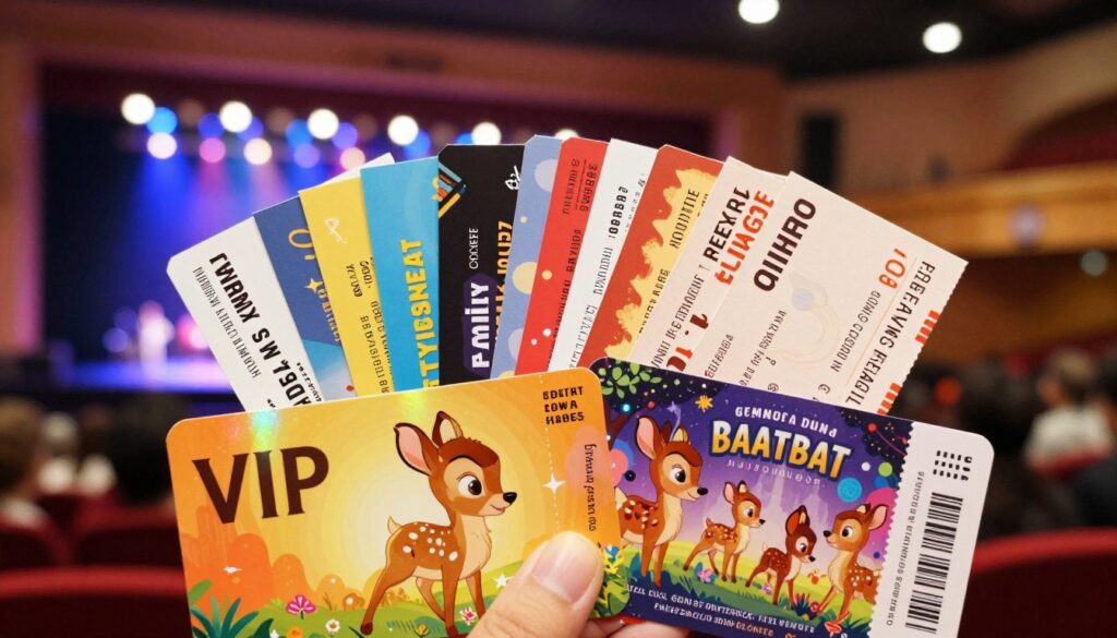 A collection of Bambi concert tickets displayed artistically, showcasing various types of tickets. In the foreground, feature a vibrant VIP ticket with holographic effects, and next to it, a general admission ticket with colorful illustrations of the concert theme. In the middle, arrange a selection of different ticket styles—e-tickets, family packages, and early bird tickets, each with distinct colors and patterns. In the background, include a blurred concert arena with soft lighting that simulates a festive atmosphere, creating an inviting glow. The composition should have a warm color palette, evoking excitement and anticipation for the concert. The scene should be captured with a slightly angled view, using a shallow depth of field to emphasize the tickets while maintaining a sense of depth and context in the concert environment.