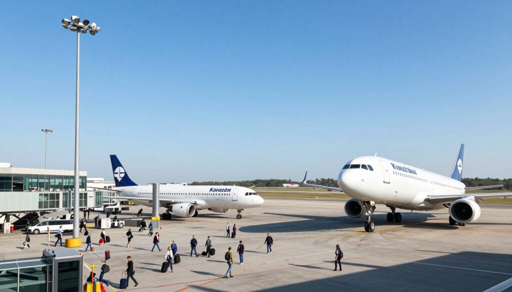 A collection of the largest Polish airports, like Warsaw Chopin and Kraków Balice, set against a clear blue sky. In the foreground, a sleek airplane taking off, its nose pointed upwards, symbolizing travel. Middle ground features bustling airport terminals with travelers carrying luggage, dressed in smart casual attire. The background includes a panoramic view of runway lights and airport signage, all illuminated by bright daylight. Capture the atmosphere of excitement and anticipation associated with air travel, with the sun casting dynamic shadows, creating a sense of movement. Use a wide-angle lens for an expansive view, emphasizing the contrast between the busy airport environment and the vast sky above. A collection of the largest Polish airports, like Warsaw Chopin and Kraków Balice, set against a clear blue sky. In the foreground, a sleek airplane taking off, its nose pointed upwards, symbolizing travel. Middle ground features bustling airport terminals with travelers carrying luggage, dressed in smart casual attire. The background includes a panoramic view of runway lights and airport signage, all illuminated by bright daylight. Capture the atmosphere of excitement and anticipation associated with air travel, with the sun casting dynamic shadows, creating a sense of movement. Use a wide-angle lens for an expansive view, emphasizing the contrast between the busy airport environment and the vast sky above.