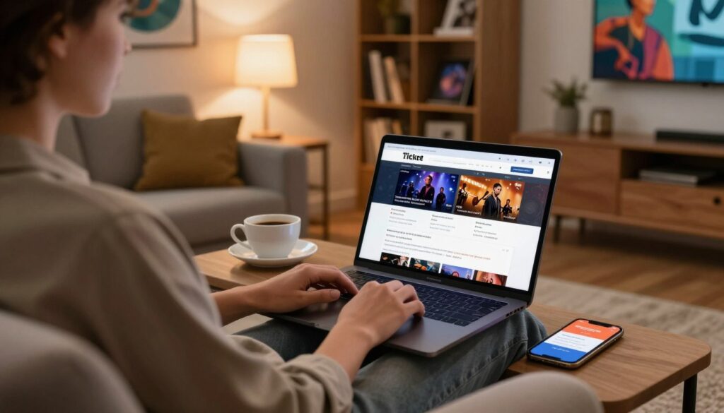 A cozy, modern living room setting designed for safe and convenient online ticket purchasing for a concert. In the foreground, a person in modest casual clothing is sitting comfortably on a stylish couch, focused on a laptop screen displaying concert ticket options. The middle ground features a warm cup of coffee on a small table, alongside a smartphone showing a ticket confirmation notification. The background reveals a softly lit room with vibrant artwork on the walls, a bookshelf filled with music memorabilia, and a gentle glow from a table lamp, creating an inviting and relaxed atmosphere. The lighting should be warm and inviting, conveying a sense of ease and security in the ticket-buying process.