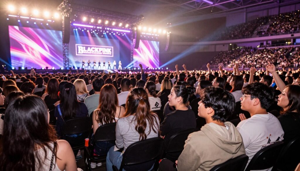 A crowded concert venue during a Blackpink show with fans eagerly selecting their seats. In the foreground, a diverse group of fans of different ethnicities, dressed in stylish casual outfits, are discussing their seating choices with enthusiasm. In the middle ground, the vibrant stage illuminated by colorful lights showcases the iconic Blackpink logo, with silhouettes of the group ready to perform. The background captures a sea of spectators, creating an electrifying atmosphere, with hands raised in excitement. The lighting is bright and dynamic, casting a lively glow on the audience, emphasizing the anticipation of the concert experience. Use a wide-angle lens to capture the grandeur of the venue and the intensity of the crowd. A crowded concert venue during a Blackpink show with fans eagerly selecting their seats. In the foreground, a diverse group of fans of different ethnicities, dressed in stylish casual outfits, are discussing their seating choices with enthusiasm. In the middle ground, the vibrant stage illuminated by colorful lights showcases the iconic Blackpink logo, with silhouettes of the group ready to perform. The background captures a sea of spectators, creating an electrifying atmosphere, with hands raised in excitement. The lighting is bright and dynamic, casting a lively glow on the audience, emphasizing the anticipation of the concert experience. Use a wide-angle lens to capture the grandeur of the venue and the intensity of the crowd.