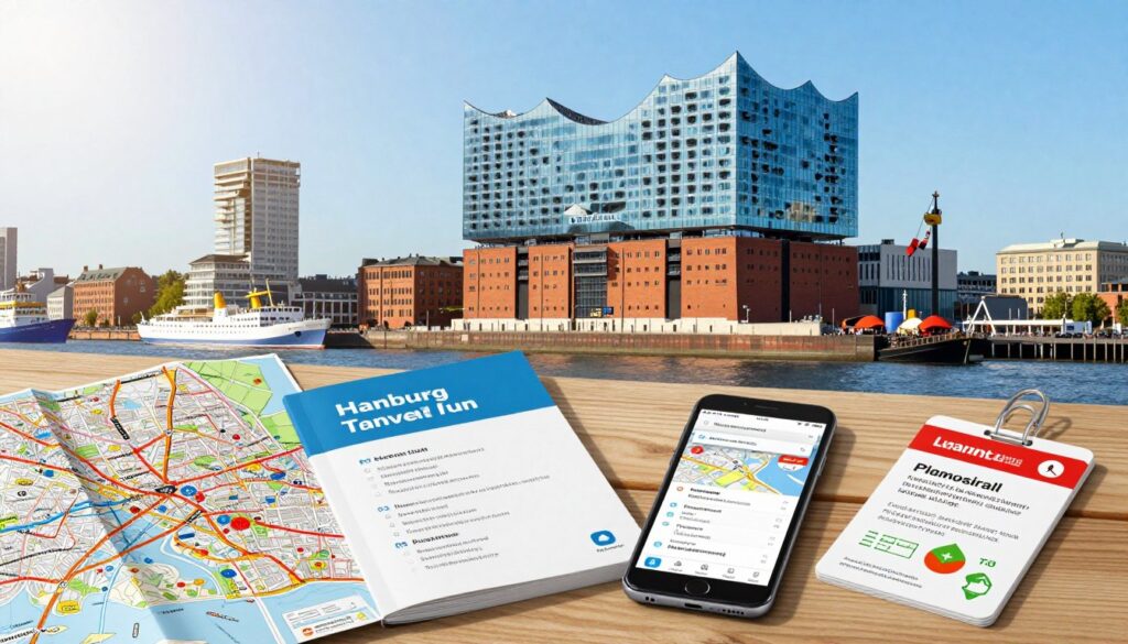 A detailed and inviting illustration depicting practical travel information about Hamburg. In the foreground, a beautifully arranged flat lay of essential travel items: a neatly folded map of Hamburg, a travel guidebook, a smartphone displaying an itinerary, and a stylish pass for local attractions. In the middle, capture a scenic view of iconic Hamburg landmarks such as the Elbphilharmonie concert hall and historic Speicherstadt warehouse district, under a clear blue sky. In the background, the bustling harbor with ships and boats adds vibrancy. The lighting should be warm and natural, emphasizing a cheerful atmosphere. The composition should evoke a sense of adventure and readiness, appealing to travelers planning their visit.