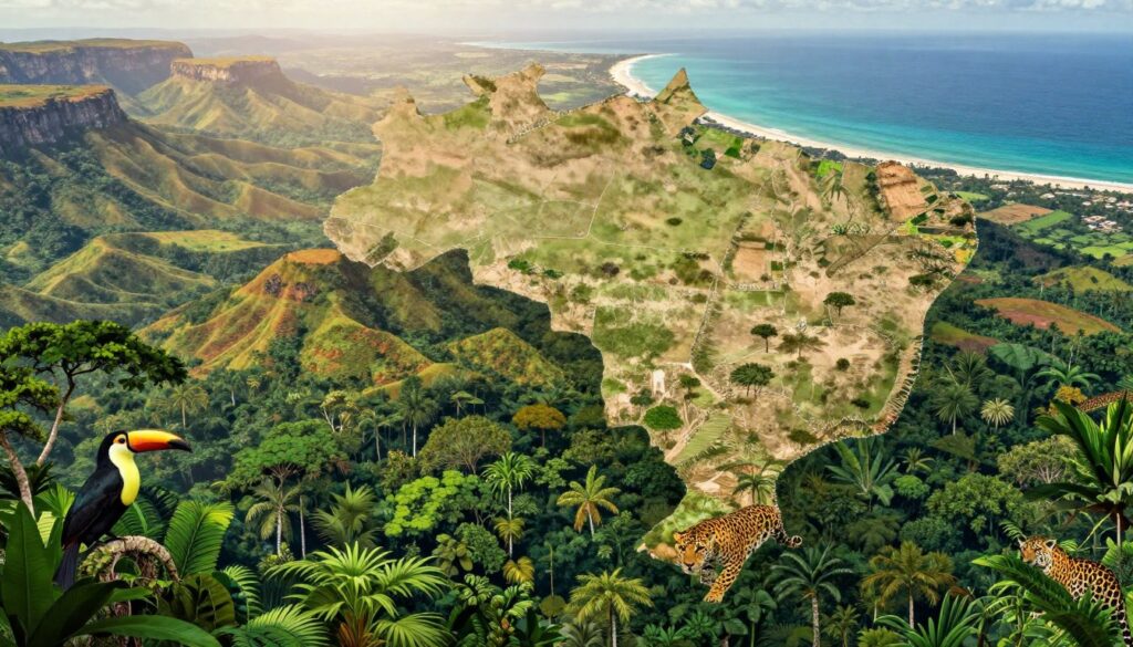 A detailed geographical representation of Brazil, showcasing its diverse regions. In the foreground, illustrate the lush Amazon rainforest with dense foliage and exotic wildlife like toucans and jaguars. In the middle, depict the dramatic landscapes of the Brazilian Highlands with rolling hills and plateaus, interspersed with vibrant vegetation. The background should highlight the coastal plains along the Atlantic Ocean, featuring sandy beaches and clear waters. Soft, natural daylight filters through the scene, creating a warm and inviting atmosphere. The angle should capture the expanse of the country, emphasizing its vastness and variety. The overall mood should reflect Brazil's rich biodiversity and cultural heritage. A detailed geographical representation of Brazil, showcasing its diverse regions. In the foreground, illustrate the lush Amazon rainforest with dense foliage and exotic wildlife like toucans and jaguars. In the middle, depict the dramatic landscapes of the Brazilian Highlands with rolling hills and plateaus, interspersed with vibrant vegetation. The background should highlight the coastal plains along the Atlantic Ocean, featuring sandy beaches and clear waters. Soft, natural daylight filters through the scene, creating a warm and inviting atmosphere. The angle should capture the expanse of the country, emphasizing its vastness and variety. The overall mood should reflect Brazil's rich biodiversity and cultural heritage.