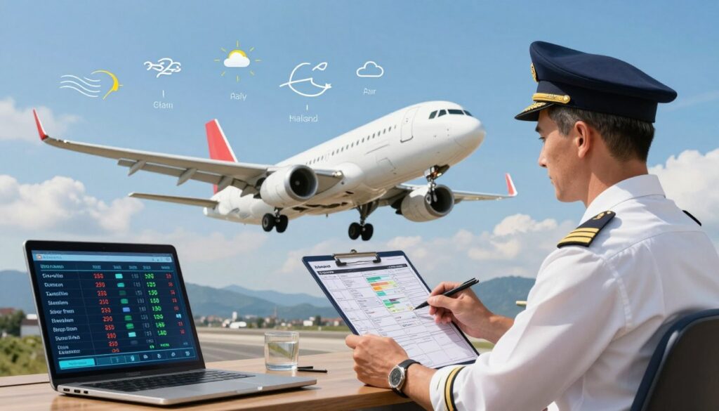 A detailed illustration depicting the factors affecting flight duration to Italy from Poland. In the foreground, a seasoned airline pilot in a crisp uniform examines a flight plan alongside a digital display showing flight data. In the middle ground, an aircraft takes off against a backdrop of clouds, with various icons symbolizing factors like wind speed, air traffic, and weather conditions surrounding it. The background features a clear blue sky blending into the horizon, dotted with distant mountains representing Italy. Soft, natural lighting enhances the scene, capturing a sense of optimism and adventure. The composition should convey a balance of professionalism and the excitement of traveling to new destinations, with a focus on the technical aspects influencing travel time. A detailed illustration depicting the factors affecting flight duration to Italy from Poland. In the foreground, a seasoned airline pilot in a crisp uniform examines a flight plan alongside a digital display showing flight data. In the middle ground, an aircraft takes off against a backdrop of clouds, with various icons symbolizing factors like wind speed, air traffic, and weather conditions surrounding it. The background features a clear blue sky blending into the horizon, dotted with distant mountains representing Italy. Soft, natural lighting enhances the scene, capturing a sense of optimism and adventure. The composition should convey a balance of professionalism and the excitement of traveling to new destinations, with a focus on the technical aspects influencing travel time.