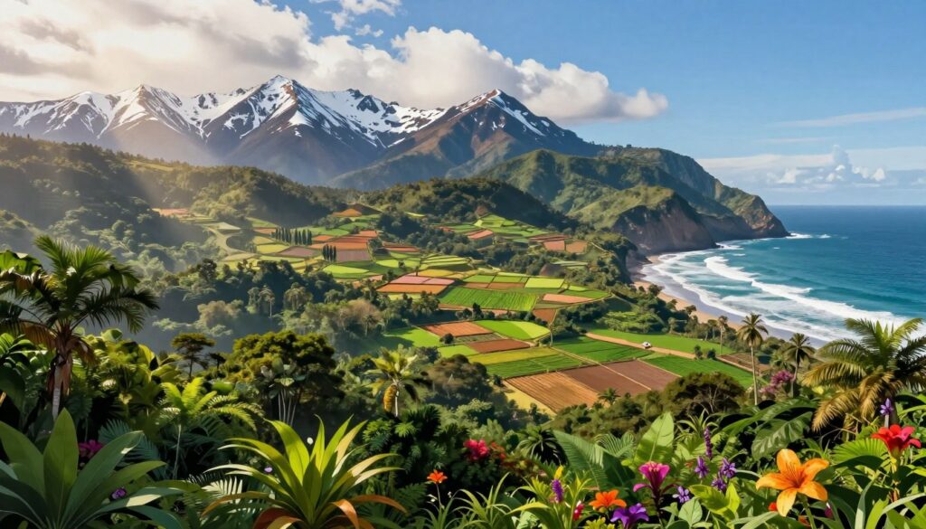 A detailed illustration of the climate regions of Ecuador, showcasing distinct areas such as the coastal lowlands, the Andes mountains, and the Amazon rainforest. In the foreground, depict a vibrant tropical landscape with rich green foliage and colorful flowers to represent the Amazon. The middle ground should feature the Andean highlands, with snow-capped peaks and terraced farmland, while the background displays the Pacific Ocean waves gently crashing against a rugged coastline. Rich, natural sunlight filtering through the clouds creates a warm atmosphere, with a clear blue sky enhancing the colors. The perspective should encompass a panoramic view that captures the beauty and diversity of Ecuador's geography and climate, evoking a sense of wonder and connection to nature. A detailed illustration of the climate regions of Ecuador, showcasing distinct areas such as the coastal lowlands, the Andes mountains, and the Amazon rainforest. In the foreground, depict a vibrant tropical landscape with rich green foliage and colorful flowers to represent the Amazon. The middle ground should feature the Andean highlands, with snow-capped peaks and terraced farmland, while the background displays the Pacific Ocean waves gently crashing against a rugged coastline. Rich, natural sunlight filtering through the clouds creates a warm atmosphere, with a clear blue sky enhancing the colors. The perspective should encompass a panoramic view that captures the beauty and diversity of Ecuador's geography and climate, evoking a sense of wonder and connection to nature.