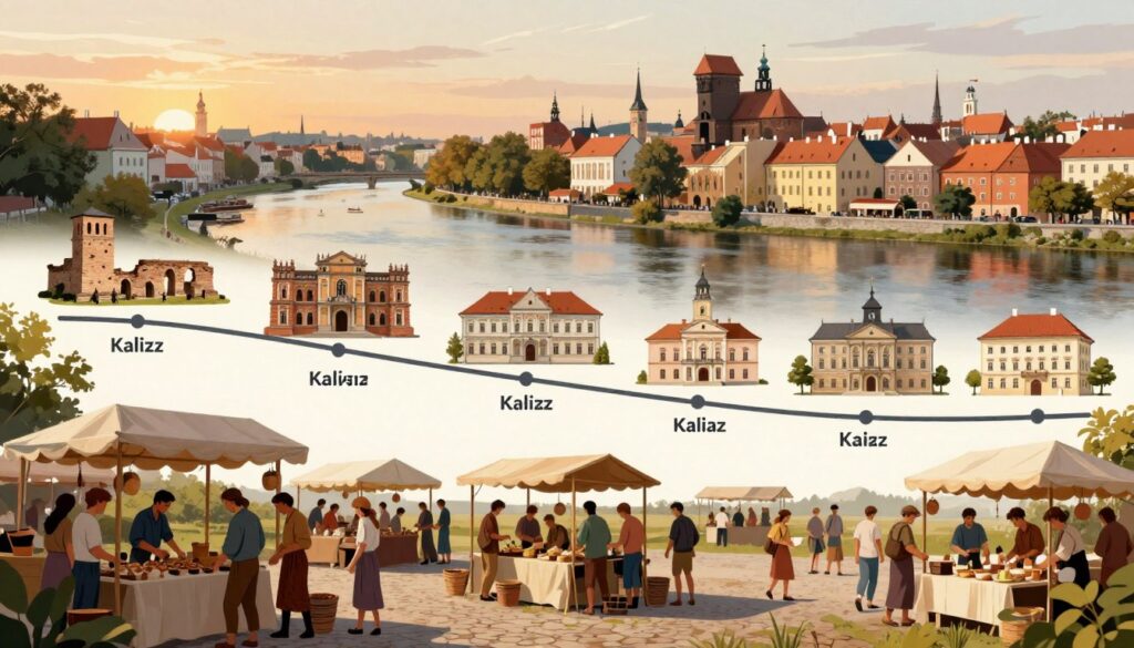 A detailed illustration of the historical evolution of Kalisz, showcasing its journey from ancient times to modernity. In the foreground, a vibrant market scene features townspeople in modest, casual clothing engaging in trade, surrounded by traditional stalls. The middle ground displays a timeline of Kalisz’s architecture, transitioning from ancient Roman ruins to medieval structures and contemporary buildings, all interconnected. In the background, the scenic layout of Kalisz is visible, with a serene river reflecting the warm glow of a sunset. The lighting is soft and inviting, casting gentle shadows that enhance the historical textures of the buildings. The atmosphere conveys a sense of rich history and cultural heritage, making it an engaging visual representation of Kalisz's captivating past and present.