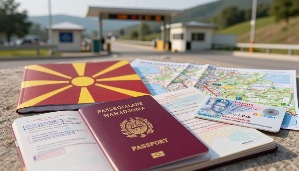 A detailed image of various documents needed to cross the border into North Macedonia. In the foreground, a passport prominently displayed, open to a page showing visa stamps. Next to it, a national ID card, partially visible with secure holographic elements. In the middle ground, a travel guidebook about North Macedonia lies next to a map highlighting borders. In the background, a soft-focus view of a serene border crossing landscape, with a small border control building and green hills. The natural light suggests an early morning ambiance, casting gentle shadows. The overall mood is informative and inviting, ideal for illustrating essential border crossing documents. The composition should be clear, professional, and engaging, ensuring no text or embellishments are included.