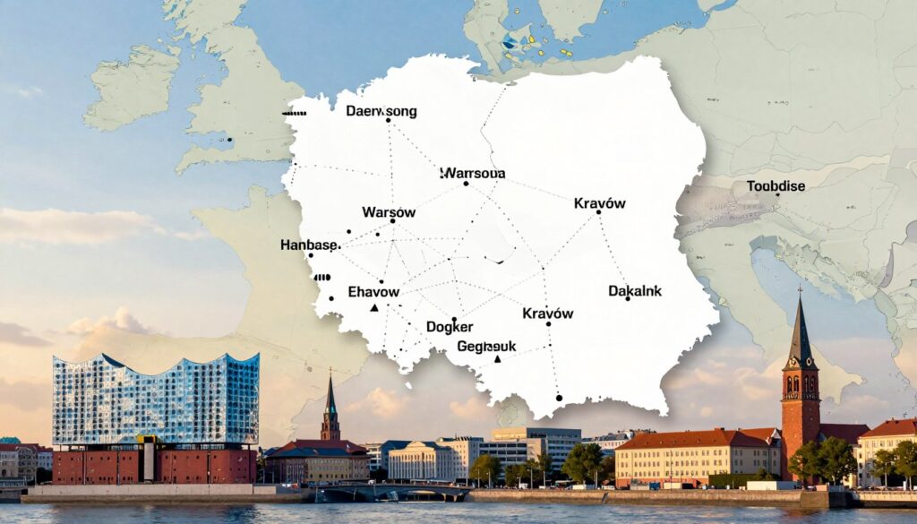 A detailed map showcasing the distance between Hamburg, Germany, and various cities in Poland. In the foreground, a stylized representation of Hamburg's skyline, featuring iconic landmarks like the Elbphilharmonie and St. Michael's Church. The middle ground transitions into a beautifully illustrated map display, highlighting Poland's borders, with prominent Polish cities like Warsaw, Kraków, and Gdańsk marked clearly. In the background, a subtle gradient sky with soft clouds, suggesting a serene atmosphere. The overall lighting is warm and inviting, creating a friendly vibe that beckons travelers. The lens perspective should be slightly elevated to enhance the depth, providing a clear view of both the cities and the distance represented through dotted lines or arrows on the map.