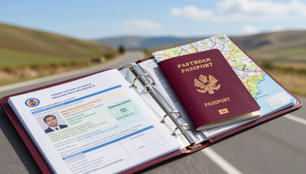 A detailed scene depicting essential travel documents for a road trip in North Macedonia. In the foreground, a well-organized travel document folder opened to reveal important papers, including vehicle registration and insurance documents. In the middle, a passport lies next to the folder, with a small map of North Macedonia partially visible. The background features a scenic view of North Macedonia's picturesque landscape, showcasing rolling hills and a clear blue sky, illustrating the excitement of travel. Soft, natural lighting enhances the image, giving a warm and inviting atmosphere. A top-down perspective captures the arrangement of the documents, emphasizing organization and preparation for a journey.