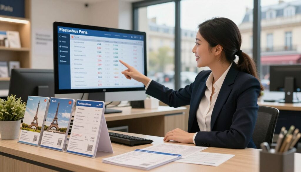 A dynamic travel scene depicting airline tickets and flight prices to Paris, set in a cozy, modern travel agency office. In the foreground, a neatly organized desk features open airline ticket brochures showcasing vibrant images of the Eiffel Tower and flight options. In the middle, a friendly travel agent in smart business attire points to a screen displaying flight prices and schedules with a smile. The background features a large window with a view of a bustling city street and a hint of Parisian architecture, softly illuminated by natural daylight. The overall atmosphere is welcoming and professional, evoking excitement for travel to Paris while emphasizing the theme of flight costs and convenience.