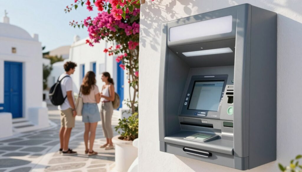 A modern ATM machine situated on a picturesque Greek street, surrounded by charming white-washed buildings with blue accents. In the foreground, focus on the sleek ATM, highlighting its screen displaying cash withdrawal options. In the middle ground, include a few people in modest casual clothing, interacting with the ATM, suggesting ease of use. The background features vibrant bougainvillea plants and a sunny sky, creating a warm, inviting atmosphere. Soft sunlight casts gentle shadows, enhancing the scene's liveliness. Capture the essence of traveling in Greece, with a focus on convenience and the experience of withdrawing cash while on vacation. A modern ATM machine situated on a picturesque Greek street, surrounded by charming white-washed buildings with blue accents. In the foreground, focus on the sleek ATM, highlighting its screen displaying cash withdrawal options. In the middle ground, include a few people in modest casual clothing, interacting with the ATM, suggesting ease of use. The background features vibrant bougainvillea plants and a sunny sky, creating a warm, inviting atmosphere. Soft sunlight casts gentle shadows, enhancing the scene's liveliness. Capture the essence of traveling in Greece, with a focus on convenience and the experience of withdrawing cash while on vacation.