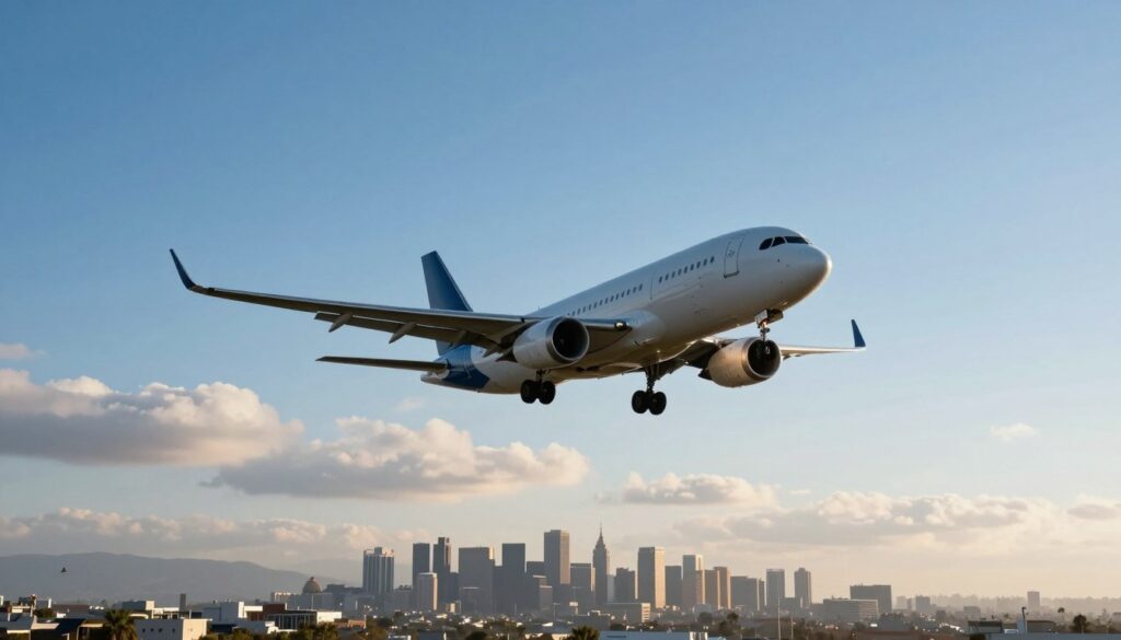 A modern airplane soaring through a clear blue sky, representing a direct flight path from Warsaw to Los Angeles. In the foreground, the sleek aircraft silhouette captures the efficiency of international travel. The middle ground features soft, fluffy clouds lazily floating by, emphasizing the altitude and speed of the journey. In the background, a distant view of a city skyline, perhaps that of Los Angeles, indicates the destination with its distinct architectural features. The sunlight casts a warm, inviting glow, adding a sense of adventure and freedom to the scene. The overall mood is optimistic and serene, encapsulating the essence of air travel between two major cities. The image should be crisp and vibrant, with emphasis on the airplane and the expansive sky. A modern airplane soaring through a clear blue sky, representing a direct flight path from Warsaw to Los Angeles. In the foreground, the sleek aircraft silhouette captures the efficiency of international travel. The middle ground features soft, fluffy clouds lazily floating by, emphasizing the altitude and speed of the journey. In the background, a distant view of a city skyline, perhaps that of Los Angeles, indicates the destination with its distinct architectural features. The sunlight casts a warm, inviting glow, adding a sense of adventure and freedom to the scene. The overall mood is optimistic and serene, encapsulating the essence of air travel between two major cities. The image should be crisp and vibrant, with emphasis on the airplane and the expansive sky.