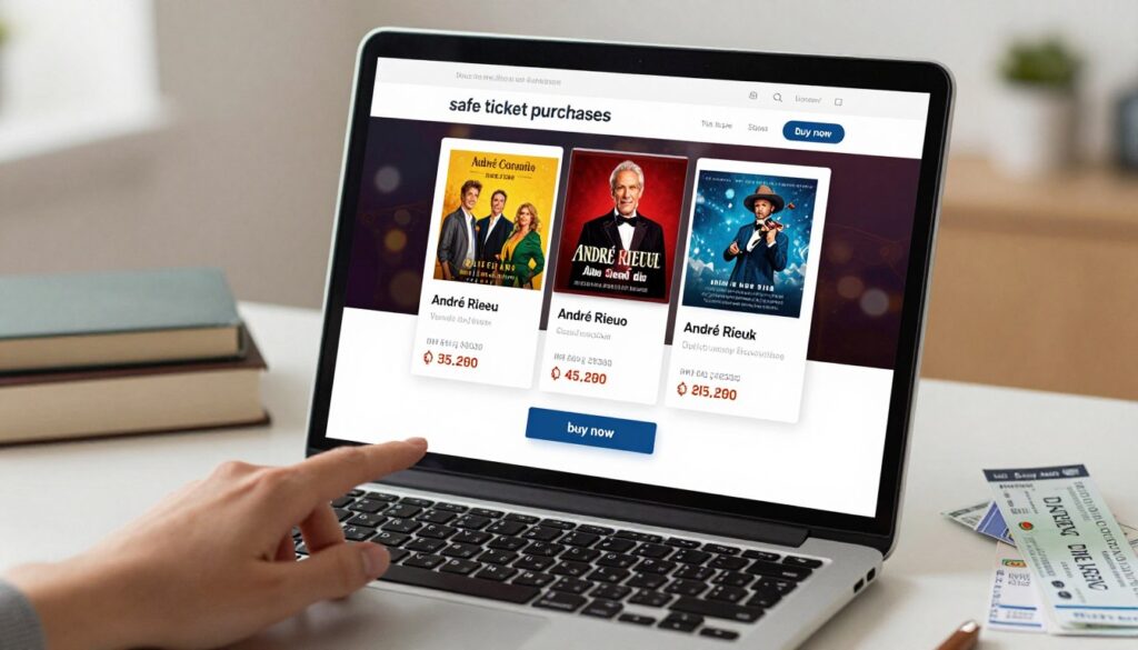 A modern, sleek online ticketing interface displayed on a laptop screen, featuring an elegant design highlighting "safe ticket purchases." In the foreground, a hand clicks the "buy now" button, demonstrating a user-friendly experience. The middle ground shows a close-up view of the screen with colorful concert tickets for André Rieu, showcasing vibrant artwork and price tags. In the background, a well-lit, cozy study environment with soft ambient lighting creates a welcoming atmosphere, featuring books and ticket stubs. The composition conveys a sense of ease and security in purchasing tickets quickly, aimed at a mature audience. The image is bright and inviting, emphasizing modern technology and consumer comfort.