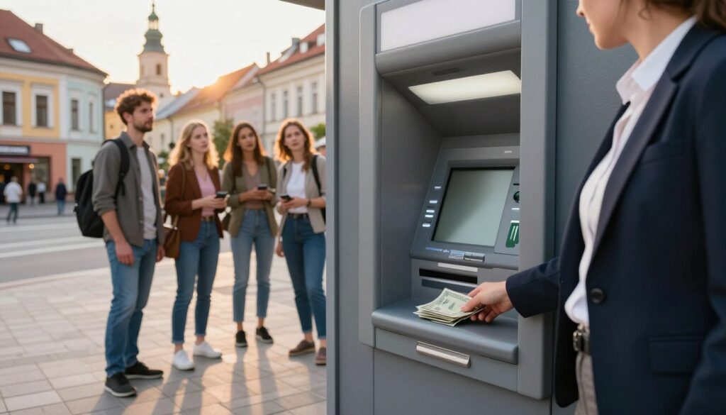 A modern urban setting featuring an ATM in focus, surrounded by neatly paved streets. In the foreground, a person, dressed in professional business attire, is interacting with the ATM, withdrawing cash. The middle ground showcases a small group of people observing, with varied expressions of curiosity and interest. The background reveals a glimpse of a Lithuanian cityscape, with recognizable architectural elements like colorful buildings and historical landmarks. Soft, natural lighting illuminates the scene, creating a welcoming atmosphere, while a warm sunset casts gentle shadows on the ground. The angle is slightly low, capturing the action of cash being dispensed and emphasizing the ATM as a vital part of travel finances. A modern urban setting featuring an ATM in focus, surrounded by neatly paved streets. In the foreground, a person, dressed in professional business attire, is interacting with the ATM, withdrawing cash. The middle ground showcases a small group of people observing, with varied expressions of curiosity and interest. The background reveals a glimpse of a Lithuanian cityscape, with recognizable architectural elements like colorful buildings and historical landmarks. Soft, natural lighting illuminates the scene, creating a welcoming atmosphere, while a warm sunset casts gentle shadows on the ground. The angle is slightly low, capturing the action of cash being dispensed and emphasizing the ATM as a vital part of travel finances.
