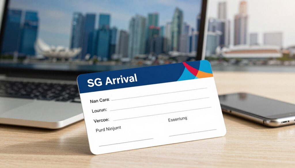 A neatly designed SG Arrival Card, prominently displayed in the foreground, showcasing its sleek layout, engaging graphics, and key details like personal information sections. The card should have a digital look, with vibrant colors conveying a sense of modernity and efficiency. In the middle ground, a clean, sophisticated workspace is visible, featuring a laptop and a smartphone, suggesting the online completion of the card. The background includes a blurred image of Singapore’s skyline, featuring iconic landmarks like Marina Bay Sands, capturing an inviting atmosphere. The scene is well-lit with natural light streaming in, creating a warm and productive mood, perfect for preparing for a trip. The angle is slightly tilted for a dynamic perspective without distractions like text or overlays.