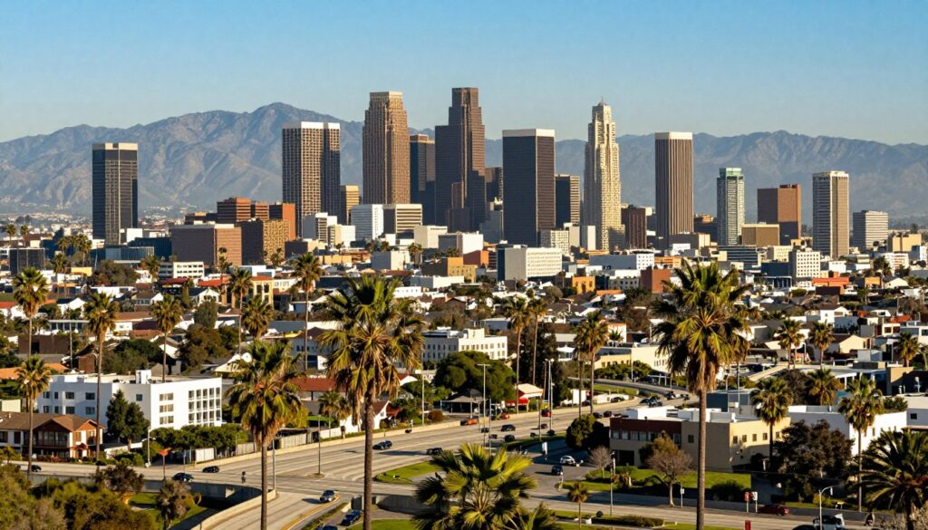 A panoramic view of Greater Los Angeles, showcasing a vibrant urban landscape that contrasts the iconic skyline of downtown Los Angeles with the sprawling suburban areas. In the foreground, depict palm trees swaying gently in the breeze, while a network of highways interconnects the city. In the middle ground, include a diverse range of architectural styles, from modern skyscrapers to historic buildings, with patches of green parks. The background should feature the majestic Santa Monica Mountains under a bright blue sky, indicative of California's natural beauty. The lighting is warm and inviting, capturing the essence of a sunny day. The mood is lively yet relaxed, reflecting the diverse culture and lifestyle of the region.