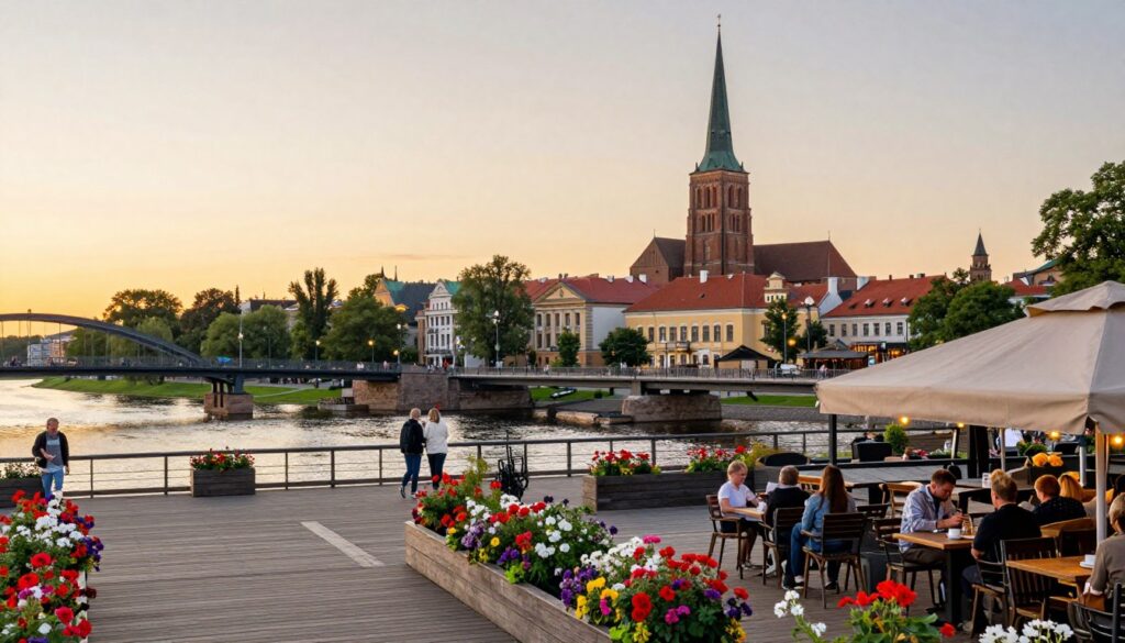A panoramic view of Kaliningrad, formerly known as Königsberg, showcasing its historical architecture and scenic riverside. In the foreground, a wooden boardwalk lined with vibrant flowers leads to a quaint café, where visitors enjoy the ambiance. The middle ground features the iconic Queen Louise Bridge, with pedestrians crossing and admiring the blend of Gothic and Baroque buildings, such as the impressive Cathedral of Königsberg with its tall spire. In the background, the lush greenery of the Pregel River winds its way through the city, reflecting the warm golden tones of a sunset. The atmosphere is peaceful yet vibrant, capturing the essence of this culturally rich exclave, with warm lighting enhancing the historical significance of the location, shot from a low angle to emphasize the towering structures. A panoramic view of Kaliningrad, formerly known as Königsberg, showcasing its historical architecture and scenic riverside. In the foreground, a wooden boardwalk lined with vibrant flowers leads to a quaint café, where visitors enjoy the ambiance. The middle ground features the iconic Queen Louise Bridge, with pedestrians crossing and admiring the blend of Gothic and Baroque buildings, such as the impressive Cathedral of Königsberg with its tall spire. In the background, the lush greenery of the Pregel River winds its way through the city, reflecting the warm golden tones of a sunset. The atmosphere is peaceful yet vibrant, capturing the essence of this culturally rich exclave, with warm lighting enhancing the historical significance of the location, shot from a low angle to emphasize the towering structures.