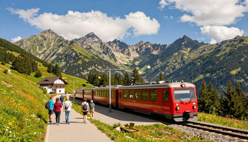 A panoramic view of Kasprowy Wierch, showcasing the scenic cog railway station in the foreground, with a sleek red train preparing for departure alongside eager tourists dressed in casual outdoor wear. In the middle ground, a winding pathway leads up the majestic slopes, dotted with lush green trees and vibrant wildflowers. The background features the dramatic Tatra Mountains, their rocky peaks touching a clear blue sky adorned with fluffy white clouds. Warm sunlight bathes the scene, casting soft shadows and creating an inviting atmosphere. Capture the excitement of embarking on a journey while highlighting the beauty of this iconic Polish landscape. Use a wide-angle lens for an expansive feel, emphasizing both the train and the breathtaking natural surroundings. A panoramic view of Kasprowy Wierch, showcasing the scenic cog railway station in the foreground, with a sleek red train preparing for departure alongside eager tourists dressed in casual outdoor wear. In the middle ground, a winding pathway leads up the majestic slopes, dotted with lush green trees and vibrant wildflowers. The background features the dramatic Tatra Mountains, their rocky peaks touching a clear blue sky adorned with fluffy white clouds. Warm sunlight bathes the scene, casting soft shadows and creating an inviting atmosphere. Capture the excitement of embarking on a journey while highlighting the beauty of this iconic Polish landscape. Use a wide-angle lens for an expansive feel, emphasizing both the train and the breathtaking natural surroundings.