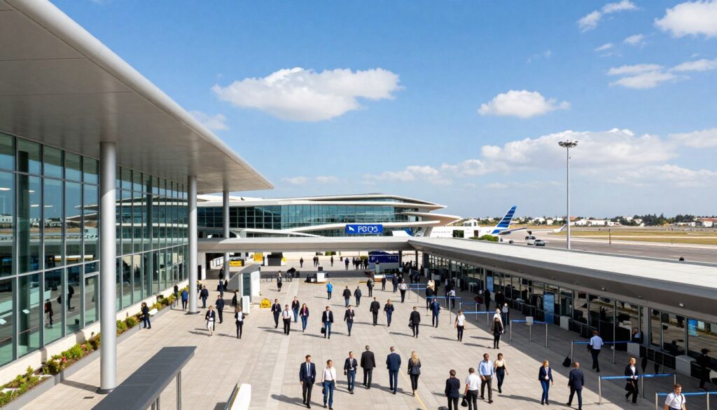 A panoramic view of Larnaca and Paphos airports, showcasing their unique architectural features. In the foreground, a modern Larnaca airport terminal with large glass windows reflecting sunlight, and a busy check-in area filled with travelers in professional business attire and casual clothing, exuding a sense of anticipation. The middle ground includes a glimpse of Paphos airport with its contrasting design, contemporary signage, and well-organized departure areas. The background reveals a clear blue sky with softly scattered clouds and distant views of the Mediterranean landscape. The overall atmosphere is vibrant and welcoming, captured in bright daylight, using a wide-angle lens to emphasize spatial depth and the bustling environment of international travel. A panoramic view of Larnaca and Paphos airports, showcasing their unique architectural features. In the foreground, a modern Larnaca airport terminal with large glass windows reflecting sunlight, and a busy check-in area filled with travelers in professional business attire and casual clothing, exuding a sense of anticipation. The middle ground includes a glimpse of Paphos airport with its contrasting design, contemporary signage, and well-organized departure areas. The background reveals a clear blue sky with softly scattered clouds and distant views of the Mediterranean landscape. The overall atmosphere is vibrant and welcoming, captured in bright daylight, using a wide-angle lens to emphasize spatial depth and the bustling environment of international travel.