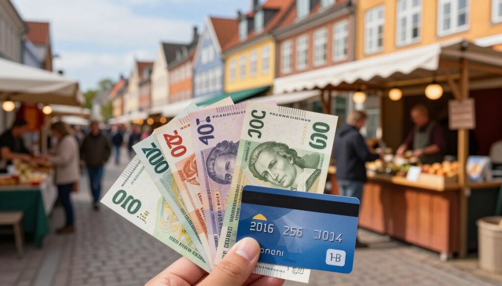 A picturesque Danish street scene conveying the essence of currency choices for a trip to Denmark. In the foreground, display various Danish kroner banknotes elegantly fanned out, alongside a contactless payment card to symbolize modern payment methods. The middle ground features a traditional Danish market with colorful stalls, where locals interact, illustrating the common use of cash and cards. In the background, charming Danish architecture with a blue sky creates an inviting atmosphere. The image is warmly lit, simulating late afternoon sunlight, providing a cozy and friendly ambiance. Use a shallow depth of field to focus on the currency in the foreground while softly blurring the bustling market around it, enhancing the visual connection to the theme of financial preparation for travel in Denmark.