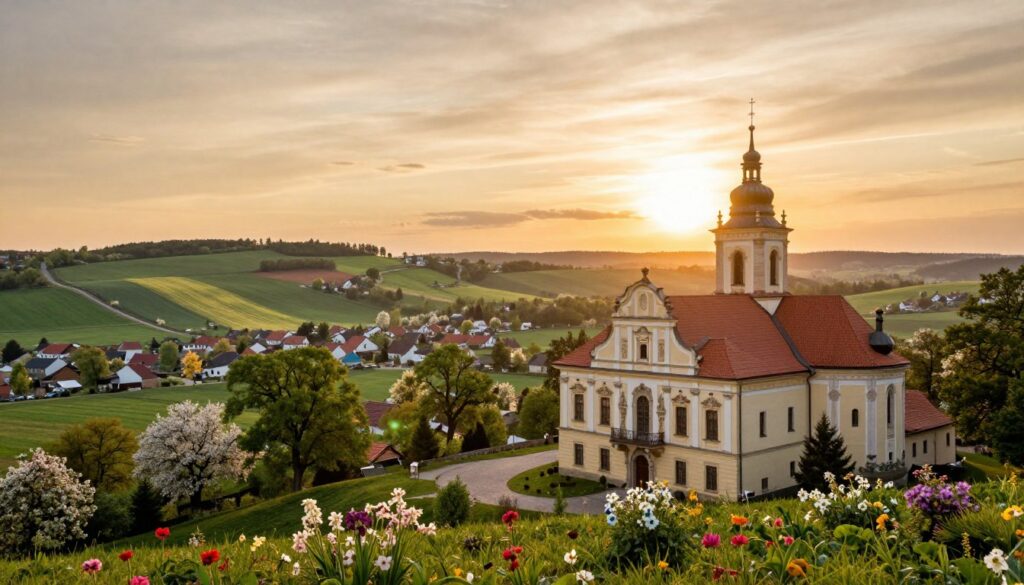 A picturesque landscape featuring interesting places around Kalisz, Poland. In the foreground, a charming historical building with ornate architecture, perhaps a castle or an old church, surrounded by vibrant flowers and greenery. In the middle ground, gentle hills dotted with blooming fields and quaint villages, showcasing the rural charm of the area. The background reveals a serene sky at sunset, casting warm golden light across the landscape, creating a peaceful atmosphere. A soft lens effect enhances the image, emphasizing the beauty of nature and architecture. Capture the essence of Kalisz’s surroundings with a focus on tranquility and exploration, avoiding any human presence to maintain an unspoiled view.