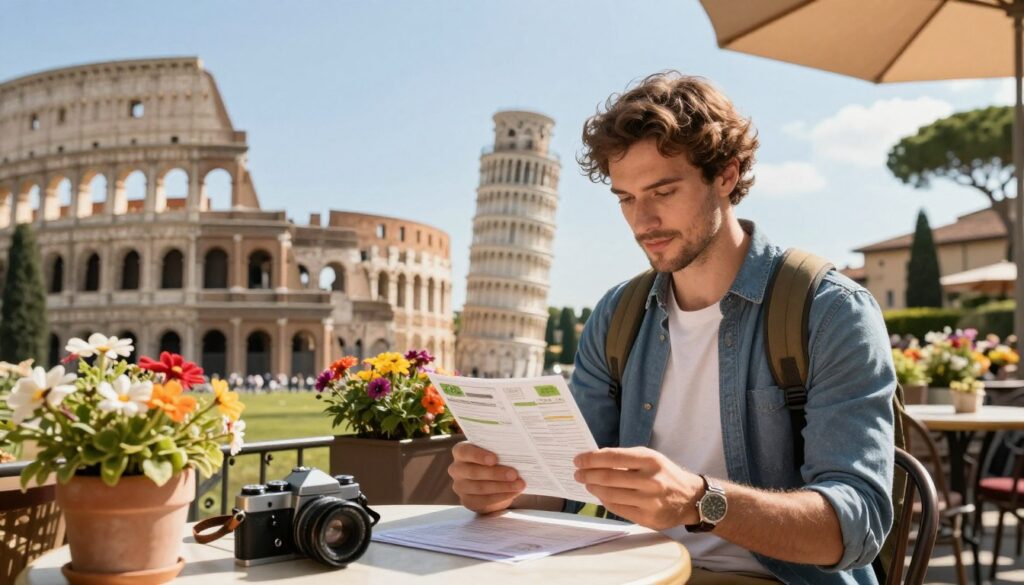 A picturesque scene depicting a traveler preparing for a long stay in Italy, surrounded by iconic Italian landmarks such as the Colosseum and the Leaning Tower of Pisa in the background. In the foreground, a professional-looking individual in smart casual attire is examining a travel document while seated at a quaint café adorned with blooming flowers. Sunlight casts warm, inviting rays across the scene, enhancing the vibrant colors of the surroundings. A vintage camera rests on the table, hinting at adventures ahead. The overall atmosphere conveys a sense of anticipation and excitement for a prolonged experience in the enchanting country. The shot is taken at eye level, ensuring a personal connection to the traveler’s journey. A picturesque scene depicting a traveler preparing for a long stay in Italy, surrounded by iconic Italian landmarks such as the Colosseum and the Leaning Tower of Pisa in the background. In the foreground, a professional-looking individual in smart casual attire is examining a travel document while seated at a quaint café adorned with blooming flowers. Sunlight casts warm, inviting rays across the scene, enhancing the vibrant colors of the surroundings. A vintage camera rests on the table, hinting at adventures ahead. The overall atmosphere conveys a sense of anticipation and excitement for a prolonged experience in the enchanting country. The shot is taken at eye level, ensuring a personal connection to the traveler’s journey.