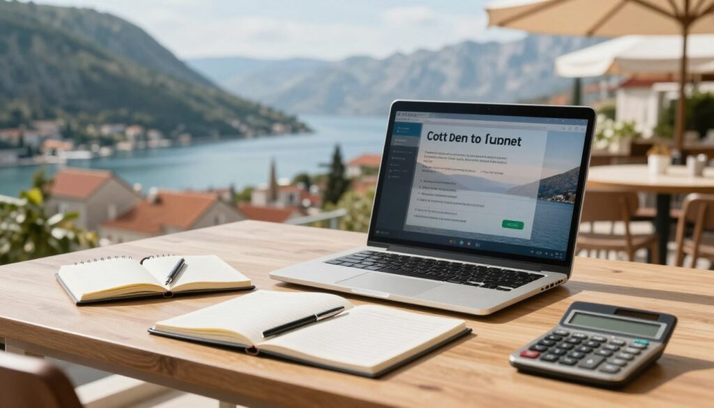 A picturesque scene depicting the process of budgeting and planning expenses in Montenegro, showcasing a neatly arranged desk in the foreground with a laptop, notepad, and a calculator, symbolizing financial planning. In the middle ground, an inviting Montenegrin landscape, perhaps the stunning coastline or historic town, reflects the cost of living and travel expenses. A warm, natural light illuminates the scene, creating a welcoming and focused atmosphere, while the background features a soft-focus view of local markets or cafes, hinting at daily spending. The overall mood conveys a sense of calm and preparedness, perfect for prospective travelers contemplating their financial arrangements.