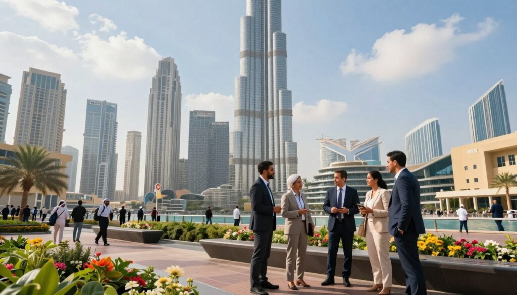A picturesque scene of the iconic Dubai skyline, including modern skyscrapers like the Burj Khalifa, under a bright blue sky with fluffy white clouds. In the foreground, a diverse group of professional individuals dressed in smart business attire is engaged in a casual discussion about travel plans. They stand near a sleek, contemporary park bench surrounded by lush greenery and colorful flowers. The middle ground showcases a clear view of the bustling city as people walk by, symbolizing cultural diversity. The atmosphere is vibrant and inviting, conveying a sense of opportunity and exploration. Soft, warm lighting enhances the positive vibe, while the angle captures both the grandeur of the architecture and the human element, creating an inspiring image reflecting the essence of travel to Dubai without a visa.