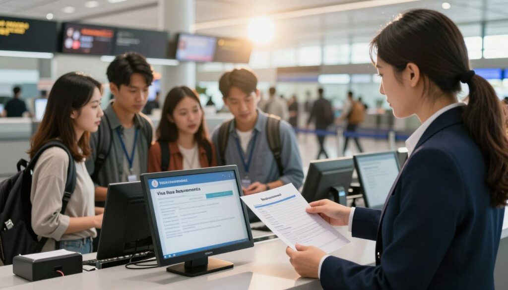 A professional travel agent at an airport desk, wearing smart business attire, assists a diverse group of travelers with visa applications and electronic travel authorizations. The scene is bustling, with a blurred background showcasing check-in counters and travelers moving through the terminal. The foreground features a digital screen displaying visa requirements and travel authorization instructions, illuminated with bright, modern lighting. The atmosphere is vibrant yet organized, conveying a sense of urgency and professionalism. Warm lighting enhances the clarity of the scene, while a subtle lens flare adds to the modern airport ambiance. The focus is on the interaction between the agent and the travelers, highlighting the importance of proper documentation for smooth international travel. A professional travel agent at an airport desk, wearing smart business attire, assists a diverse group of travelers with visa applications and electronic travel authorizations. The scene is bustling, with a blurred background showcasing check-in counters and travelers moving through the terminal. The foreground features a digital screen displaying visa requirements and travel authorization instructions, illuminated with bright, modern lighting. The atmosphere is vibrant yet organized, conveying a sense of urgency and professionalism. Warm lighting enhances the clarity of the scene, while a subtle lens flare adds to the modern airport ambiance. The focus is on the interaction between the agent and the travelers, highlighting the importance of proper documentation for smooth international travel.