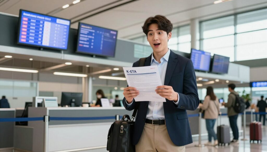 A professional traveler standing in an airport setting, holding a printed K-ETA application form, looking excited yet focused. In the foreground, the traveler, a young Polish individual dressed in smart casual attire, is centered, with a briefcase by their side. The middle ground features an airport check-in desk with information screens showing flights to South Korea. The background offers a glimpse of a bustling airport terminal with other travelers and modern architectural elements like large windows and digital displays. Soft, natural lighting illuminates the scene, creating a hopeful and adventurous mood. The angle is slightly tilted upward to capture the traveler’s enthusiastic expression and the overall ambiance of travel and anticipation. A professional traveler standing in an airport setting, holding a printed K-ETA application form, looking excited yet focused. In the foreground, the traveler, a young Polish individual dressed in smart casual attire, is centered, with a briefcase by their side. The middle ground features an airport check-in desk with information screens showing flights to South Korea. The background offers a glimpse of a bustling airport terminal with other travelers and modern architectural elements like large windows and digital displays. Soft, natural lighting illuminates the scene, creating a hopeful and adventurous mood. The angle is slightly tilted upward to capture the traveler’s enthusiastic expression and the overall ambiance of travel and anticipation.