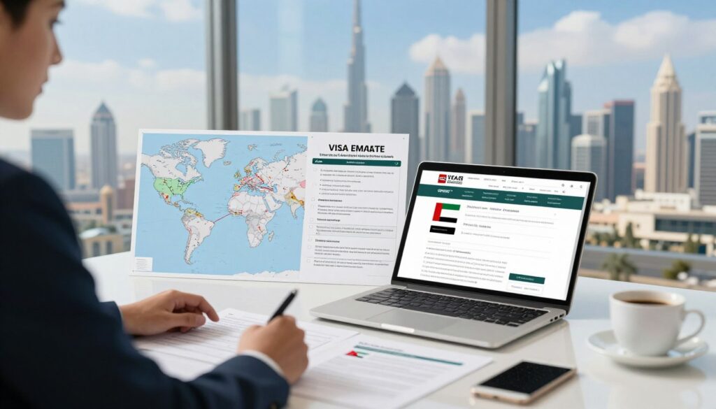 A professional workspace illustrating the process of obtaining a visa to the United Arab Emirates. In the foreground, a well-dressed individual, sitting at a sleek desk covered with documents, a laptop open displaying a visa application website, and a coffee cup. In the middle, a world map with highlighted routes leading to the UAE, and a detailed checklist for visa requirements laid out. The background features a large window showing a skyline reminiscent of Dubai, with iconic buildings and a bright blue sky. The lighting is soft and natural, suggesting a productive afternoon atmosphere. The overall mood conveys clarity, professionalism, and the excitement of international travel. A professional workspace illustrating the process of obtaining a visa to the United Arab Emirates. In the foreground, a well-dressed individual, sitting at a sleek desk covered with documents, a laptop open displaying a visa application website, and a coffee cup. In the middle, a world map with highlighted routes leading to the UAE, and a detailed checklist for visa requirements laid out. The background features a large window showing a skyline reminiscent of Dubai, with iconic buildings and a bright blue sky. The lighting is soft and natural, suggesting a productive afternoon atmosphere. The overall mood conveys clarity, professionalism, and the excitement of international travel.