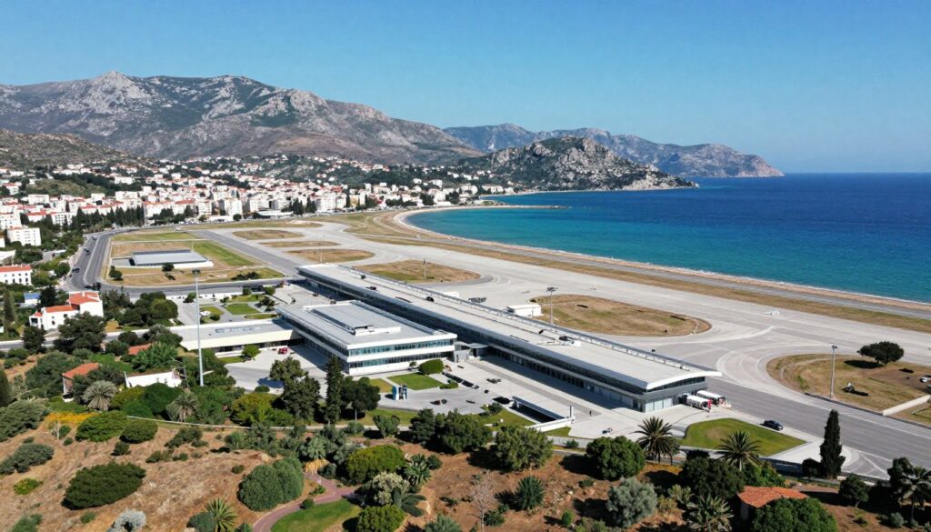A scenic aerial view of two major airports on the island of Crete: Heraklion Airport (HER) and Chania Airport (CHQ). The foreground features the modern architecture of HER, with its sleek terminal building surrounded by lush greenery. In the middle ground, Chania Airport showcases its charming coastal location with the sea visible nearby, framed by rugged mountains in the background. The atmosphere is vibrant and sunny, capturing the essence of a Mediterranean getaway. Soft, natural lighting enhances the blue skies and the turquoise waters of the surrounding sea. The image conveys a sense of travel anticipation and adventure, inviting viewers to explore the beautiful island of Crete.