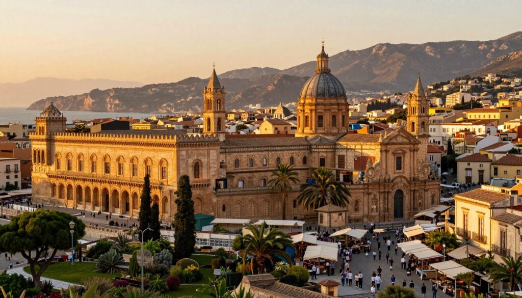 A scenic view of Western Sicily, showcasing the vibrant cities of Palermo and Trapani, infused with elements of ancient cultures. In the foreground, depict historical architecture such as the stunning Norman Palace and Baroque churches, surrounded by lush Mediterranean greenery. The middle ground should feature the bustling markets and quaint streets filled with locals in modest casual clothing enjoying the atmosphere. The background captures the rugged coastline and majestic mountains, under a warm, golden sunset that casts soft lighting across the scene. Use a wide-angle lens perspective to encompass the landscape, evoking a mood of rich cultural heritage and vibrant life, suggesting the allure of this enchanting Sicilian region.