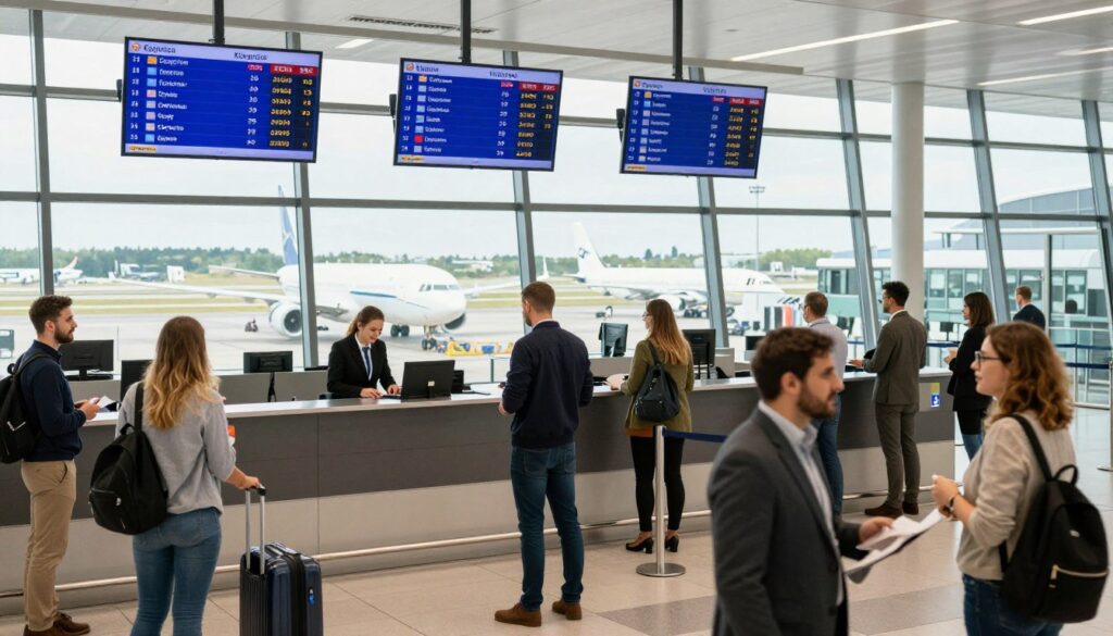 A scenic view of a calm airport terminal at Katowice, Poland, with passengers checking flight information on digital screens displaying flight prices to Cyprus. In the foreground, a diverse group of travelers, dressed in professional business attire and modest casual clothing, appears engaged in conversations about their upcoming trips. The middle ground showcases a modern check-in desk with a friendly airline staff member assisting travelers. In the background, large glass windows reveal a sunny day outside, with planes preparing for takeoff. The atmosphere is bustling yet organized, illustrating anticipation for travel. Soft natural lighting enhances the sense of optimism and excitement, captured with a wide-angle lens from a slight elevation to encompass the dynamic space. A scenic view of a calm airport terminal at Katowice, Poland, with passengers checking flight information on digital screens displaying flight prices to Cyprus. In the foreground, a diverse group of travelers, dressed in professional business attire and modest casual clothing, appears engaged in conversations about their upcoming trips. The middle ground showcases a modern check-in desk with a friendly airline staff member assisting travelers. In the background, large glass windows reveal a sunny day outside, with planes preparing for takeoff. The atmosphere is bustling yet organized, illustrating anticipation for travel. Soft natural lighting enhances the sense of optimism and excitement, captured with a wide-angle lens from a slight elevation to encompass the dynamic space.