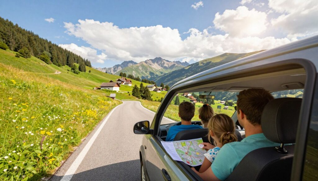 A scenic view of a car journey to Romania, showcasing a well-maintained vehicle driving along a winding mountain road lined with lush greenery and wildflowers. In the foreground, a family of four dressed in casual clothing is sitting comfortably, enjoying the ride, with a map and travel documents visible on their laps. The middle ground features rolling hills and distant mountain peaks under a bright blue sky with fluffy white clouds. The background highlights a stunning Romanian landscape with picturesque villages and traditional architecture. The lighting is warm and inviting, suggesting a sunny day, and the angle captures both the interior of the car and the breathtaking outside scenery, evoking a sense of adventure and anticipation for the journey ahead. A scenic view of a car journey to Romania, showcasing a well-maintained vehicle driving along a winding mountain road lined with lush greenery and wildflowers. In the foreground, a family of four dressed in casual clothing is sitting comfortably, enjoying the ride, with a map and travel documents visible on their laps. The middle ground features rolling hills and distant mountain peaks under a bright blue sky with fluffy white clouds. The background highlights a stunning Romanian landscape with picturesque villages and traditional architecture. The lighting is warm and inviting, suggesting a sunny day, and the angle captures both the interior of the car and the breathtaking outside scenery, evoking a sense of adventure and anticipation for the journey ahead.