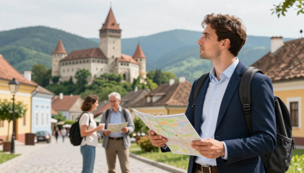 A scenic view of a traveler standing confidently near a picturesque Romanian landmark, such as a medieval castle or a vibrant street in a historic town. In the foreground, the traveler, dressed in professional business attire, holds a travel document in one hand while looking at a map, conveying a sense of preparedness and safety. The middle ground features friendly locals interacting with the traveler, showcasing a warm, welcoming atmosphere. In the background, lush green hills or the Carpathian Mountains complement the scene, illuminated by soft, natural sunlight, creating a peaceful ambiance. The overall mood of the image should evoke a sense of security and adventure, perfect for illustrating the importance of safety while traveling in Romania. A scenic view of a traveler standing confidently near a picturesque Romanian landmark, such as a medieval castle or a vibrant street in a historic town. In the foreground, the traveler, dressed in professional business attire, holds a travel document in one hand while looking at a map, conveying a sense of preparedness and safety. The middle ground features friendly locals interacting with the traveler, showcasing a warm, welcoming atmosphere. In the background, lush green hills or the Carpathian Mountains complement the scene, illuminated by soft, natural sunlight, creating a peaceful ambiance. The overall mood of the image should evoke a sense of security and adventure, perfect for illustrating the importance of safety while traveling in Romania.