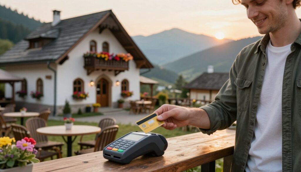 A scenic view of a traveler using a credit card to make a payment at a charming outdoor café in Romania. In the foreground, a person in smart casual clothing is holding a credit card near a contactless payment terminal, with a look of satisfaction. The middle ground features a beautifully designed café with traditional Romanian architecture, adorned with colorful flower boxes. The background showcases misty Carpathian mountains under a soft golden sunset. The lighting is warm and inviting, with a slight bokeh effect on the distant landscape. The atmosphere is relaxed and welcoming, emphasizing a seamless payment experience while exploring the wonders of Romania.